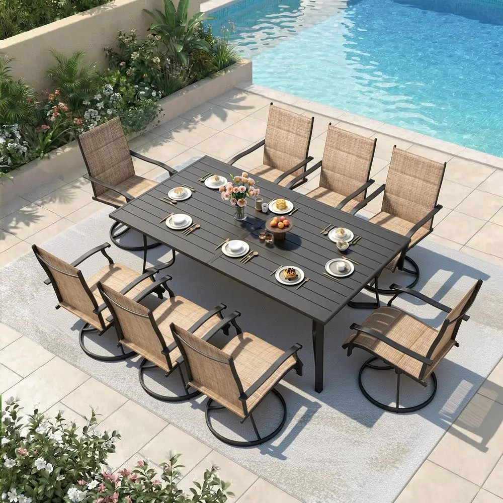 Pieces Patio Table and Chairs Set, 75.6 Metal Dining Table with Umbrella Hole, 8 High Back Textilene Swivel Chairs, Dining Tabl
Pieces Patio Table and Chairs Set, 75.6 Metal Dining Table with Umbrella Hole, 8 High Back Textilene Swivel Chairs, Dining Tabl
