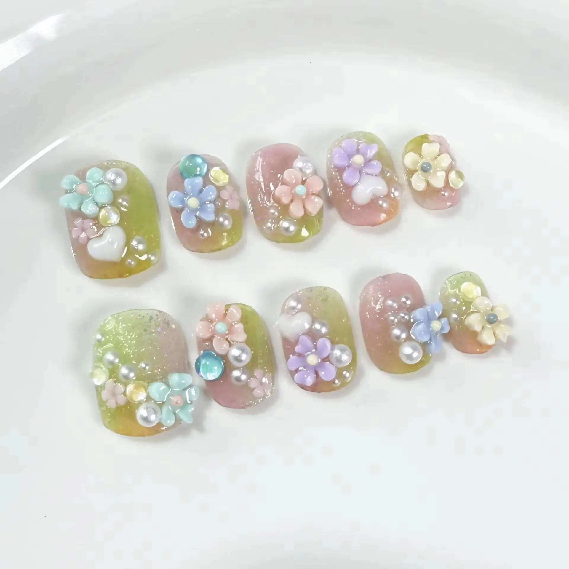 10Pcs New Style Green Fresh Nails Colorful Irregular Gradient 3D Flowers Atr Artificial Fake Nails Cute Short Nail Patch Summer
10Pcs New Style Green Fresh Nails Colorful Irregular Gradient 3D Flowers Atr Artificial Fake Nails Cute Short Nail Patch Summer