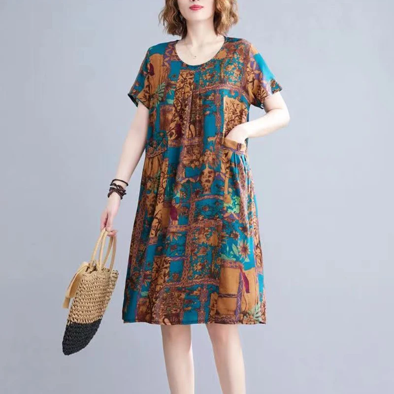 Fashion O-Neck Spliced Folds Pockets Printed Vintage Dress Women's Clothing Summer New Oversized Office Lady Floral Dress
Fashion O-Neck Spliced Folds Pockets Printed Vintage Dress Women's Clothing Summer New Oversized Office Lady Floral Dress