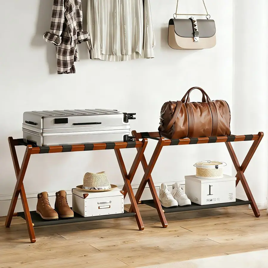 Pack Bamboo Luggage Rack for Guest Room, 26.77 Folding Wide Suitcase Stand with Fabric Storage Shelf, Thickened Luggage Stand Ho
Pack Bamboo Luggage Rack for Guest Room, 26.77 Folding Wide Suitcase Stand with Fabric Storage Shelf, Thickened Luggage Stand Ho