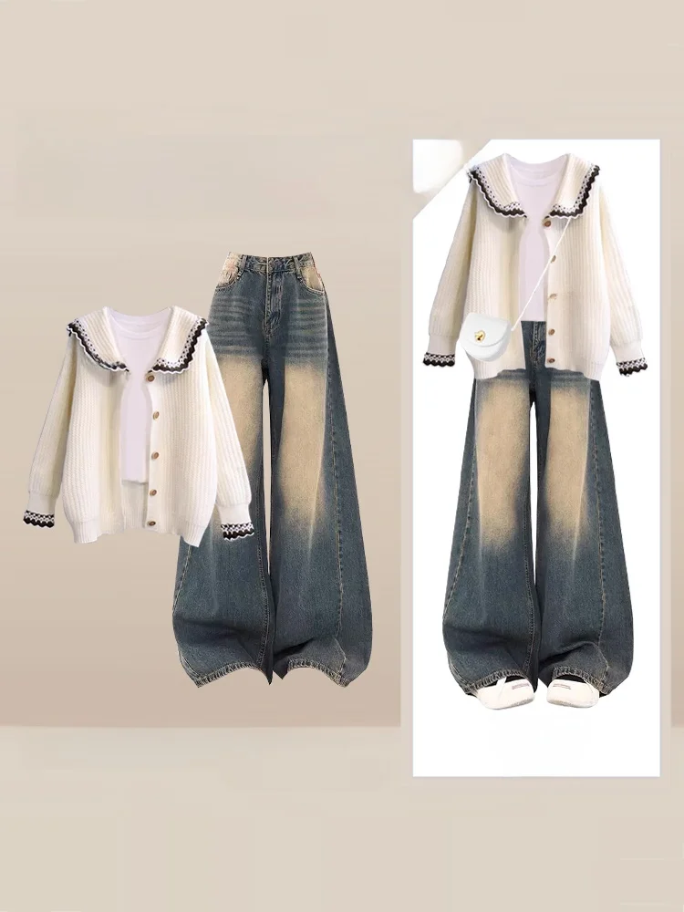 Korean Lazy Style Knitted Cardigan Women's Color Base Shirt Autumn Vintage Jeans Three-piece Set Casual Loose Fit
Korean Lazy Style Knitted Cardigan Women's Color Base Shirt Autumn Vintage Jeans Three-piece Set Casual Loose Fit