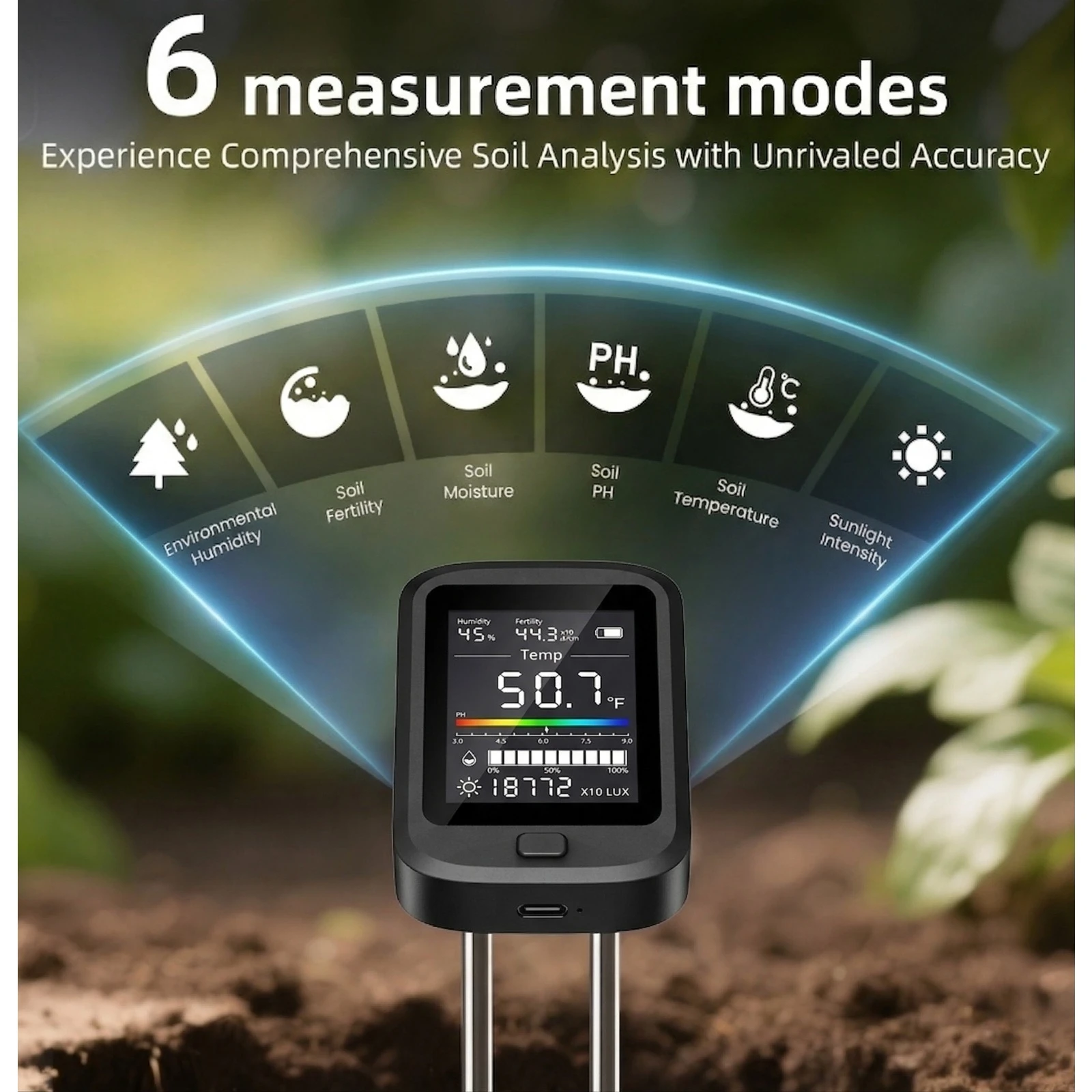 6-in-1 Digital Soil Tester Fahrenheit pH Meter Moisture Fertility Sunlight Humidity 32-122°F Type-C For Garden Plants
6-in-1 Digital Soil Tester Fahrenheit pH Meter Moisture Fertility Sunlight Humidity 32-122°F Type-C For Garden Plants