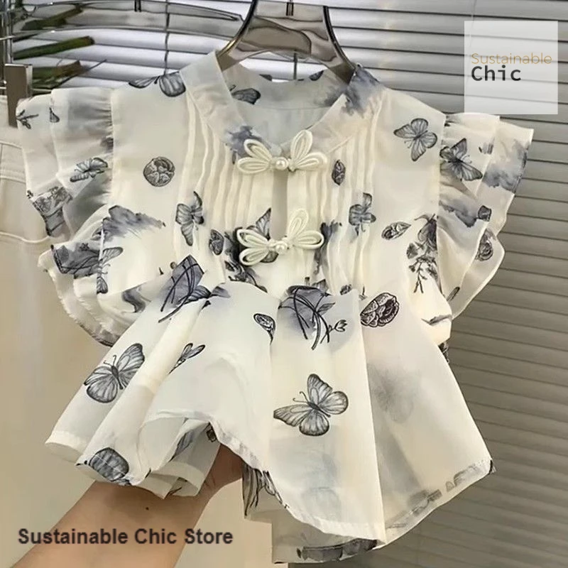 Chinese retro national wind small flying sleeve chiffon floral shirt women's summer design sense of light and foreign style top
Chinese retro national wind small flying sleeve chiffon floral shirt women's summer design sense of light and foreign style top
