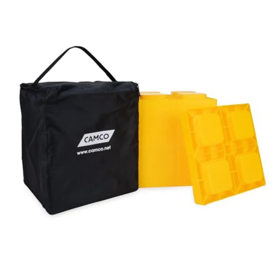 RV leveling blocks for outdoor use, made of durable black polypropylene, featuring interlocking nested design and included stor
RV leveling blocks for outdoor use, made of durable black polypropylene, featuring interlocking nested design and included stor