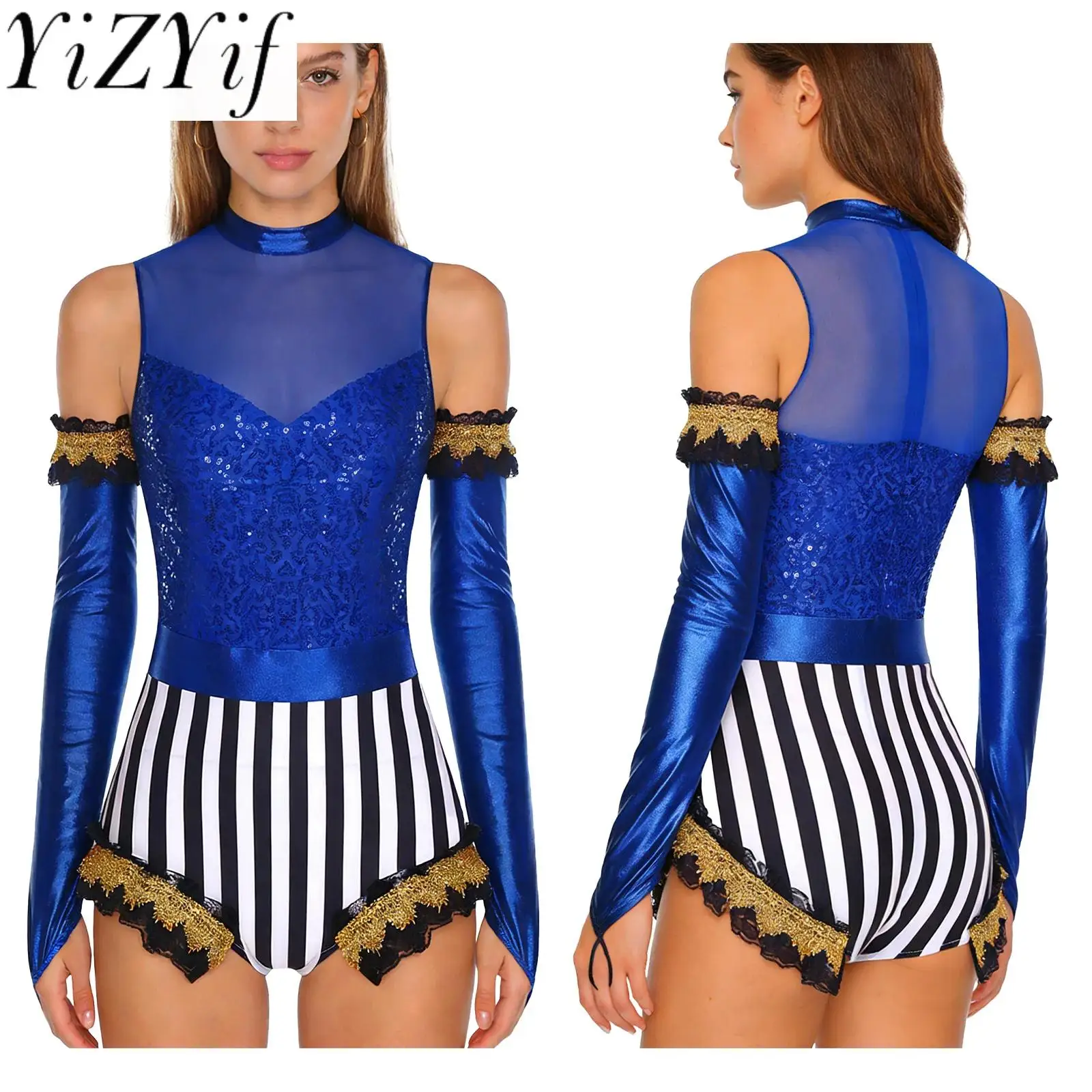 Women Sequins Shiny Circus Ringmaster Cosplay Performance Bodysuit with Sequined Ruffled Trim Gloves for Halloween Cosplay Suits
Women Sequins Shiny Circus Ringmaster Cosplay Performance Bodysuit with Sequined Ruffled Trim Gloves for Halloween Cosplay Suits