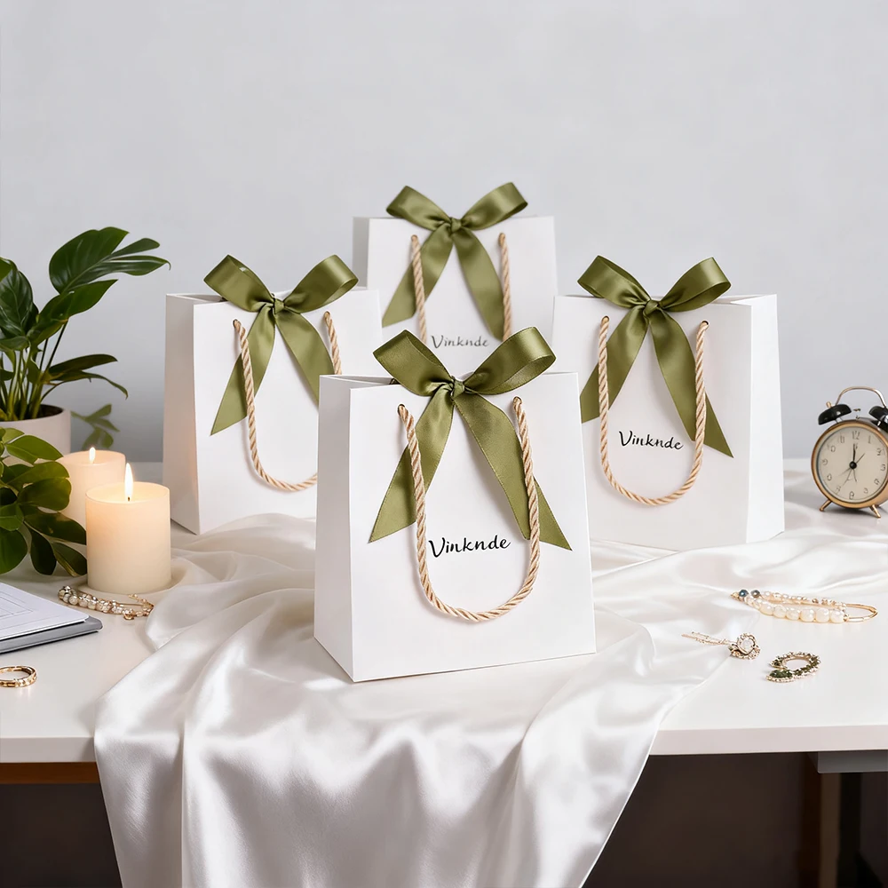 Bulk White Paper Tote Bags Custom Logo 14x6x12cm Shopping Retail Business Birthday Wedding Party Bag with Bow Ribbon Handles
Bulk White Paper Tote Bags Custom Logo 14x6x12cm Shopping Retail Business Birthday Wedding Party Bag with Bow Ribbon Handles