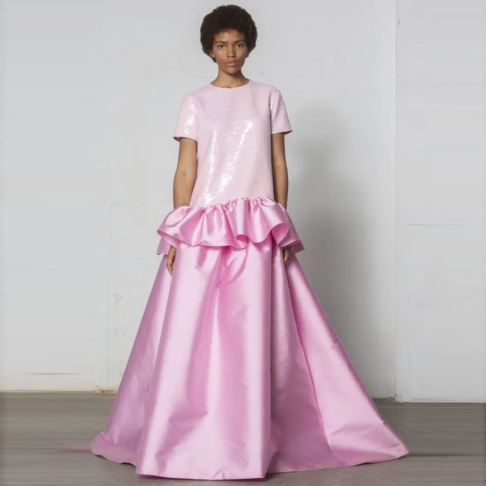 Couture Modest Pink Sequined Long Evening Dresses Short Sleeves A-line Long Loose Women Party Dress
Couture Modest Pink Sequined Long Evening Dresses Short Sleeves A-line Long Loose Women Party Dress