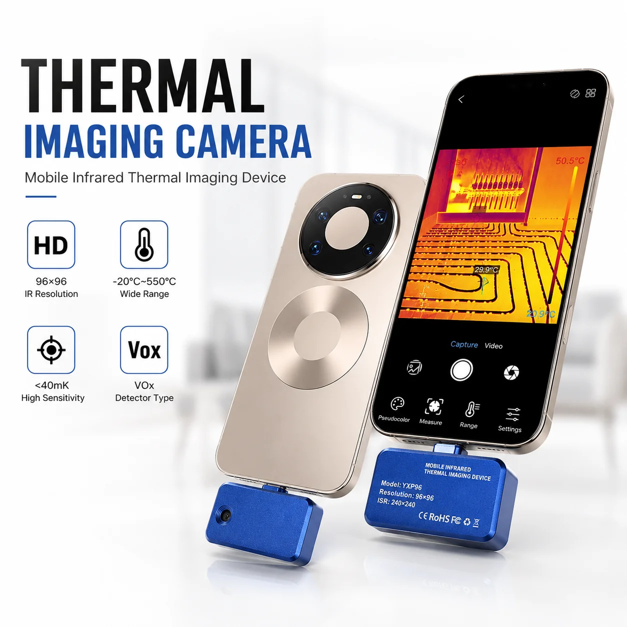 Smartphone Infrared Thermal Imager for Android 96×96 IR Pixel 25Hz Refresh Rate 40mK Sensitivity USB-C Industrial Heat Camera
Smartphone Infrared Thermal Imager for Android 96×96 IR Pixel 25Hz Refresh Rate 40mK Sensitivity USB-C Industrial Heat Camera