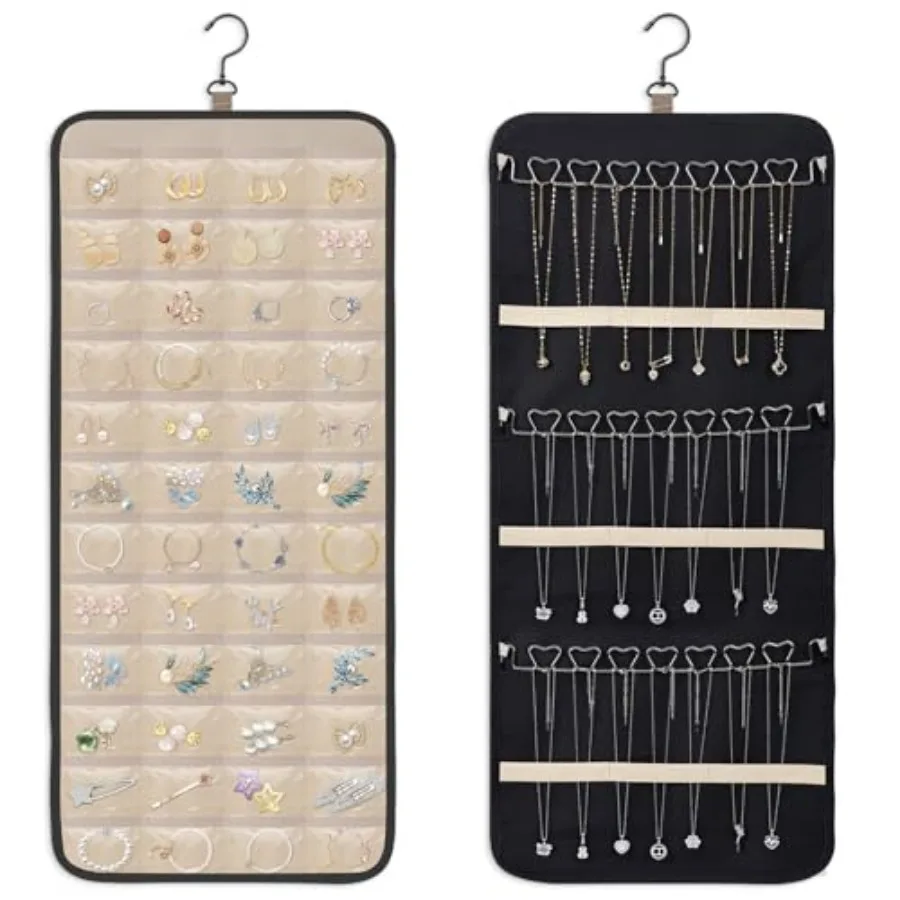 Double-Sided Hanging Jewelry Organizer, Large Storage Roll for Earrings, Necklaces, Rings, 48 Pockets 21 Hooks, Durable Oxford
Double-Sided Hanging Jewelry Organizer, Large Storage Roll for Earrings, Necklaces, Rings, 48 Pockets 21 Hooks, Durable Oxford