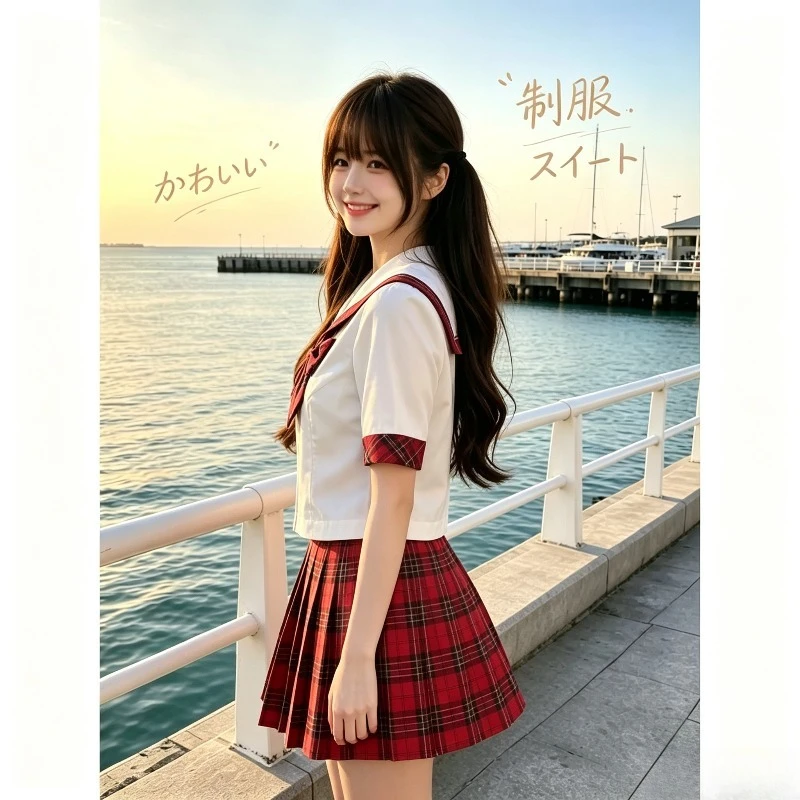 Women S-XL Scottish Red Plaid JK Uniform Set Japanese Comic Short Sleeve Sailor Top Pleated Skirt With Bow Daily Cosplay Costume
Women S-XL Scottish Red Plaid JK Uniform Set Japanese Comic Short Sleeve Sailor Top Pleated Skirt With Bow Daily Cosplay Costume