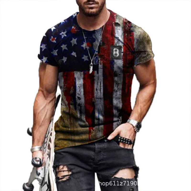 New European and American Men's Clothing, National Trend Star Flag Printed Retro Round Neck Pullover Short-sleeved T-shirt Top
New European and American Men's Clothing, National Trend Star Flag Printed Retro Round Neck Pullover Short-sleeved T-shirt Top