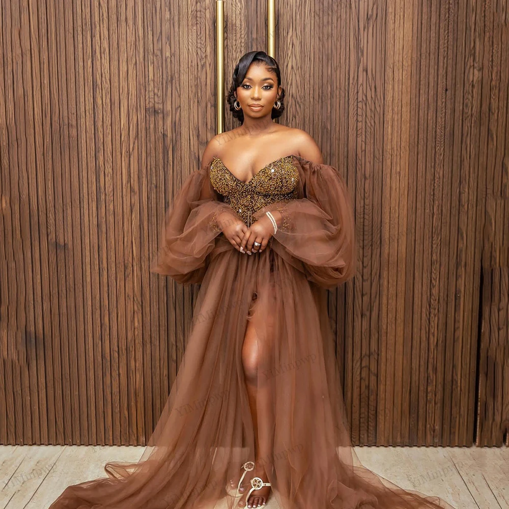 Brown Bride Robes Wedding Luxury Off Shoulder Puff Sleeve V-Neck Beaded African Bridal Robes Wedding For Photoshoot Customized
Brown Bride Robes Wedding Luxury Off Shoulder Puff Sleeve V-Neck Beaded African Bridal Robes Wedding For Photoshoot Customized