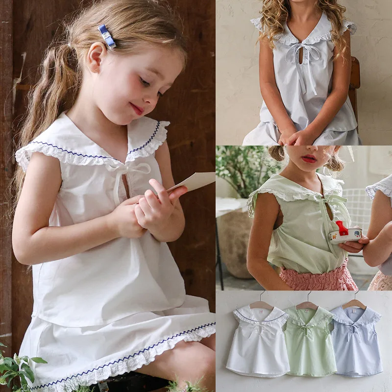Girls' Navy Collar Sleeveless T-Shirt Skirt Set - New Summer Style: Fashionable Girls' Sleeveless Shirt with Lace Skirt and Bow
Girls' Navy Collar Sleeveless T-Shirt Skirt Set - New Summer Style: Fashionable Girls' Sleeveless Shirt with Lace Skirt and Bow