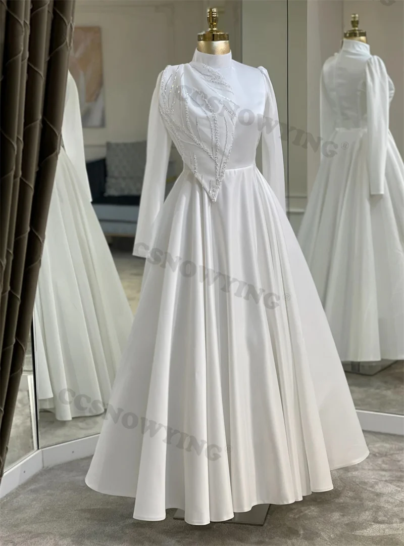 White Satin Beaded Muslim Evening Dresses Long Sleeve Hijab Islamic Formal Party Gown Arabic Dubai Women A Line Robe De Soiree
White Satin Beaded Muslim Evening Dresses Long Sleeve Hijab Islamic Formal Party Gown Arabic Dubai Women A Line Robe De Soiree