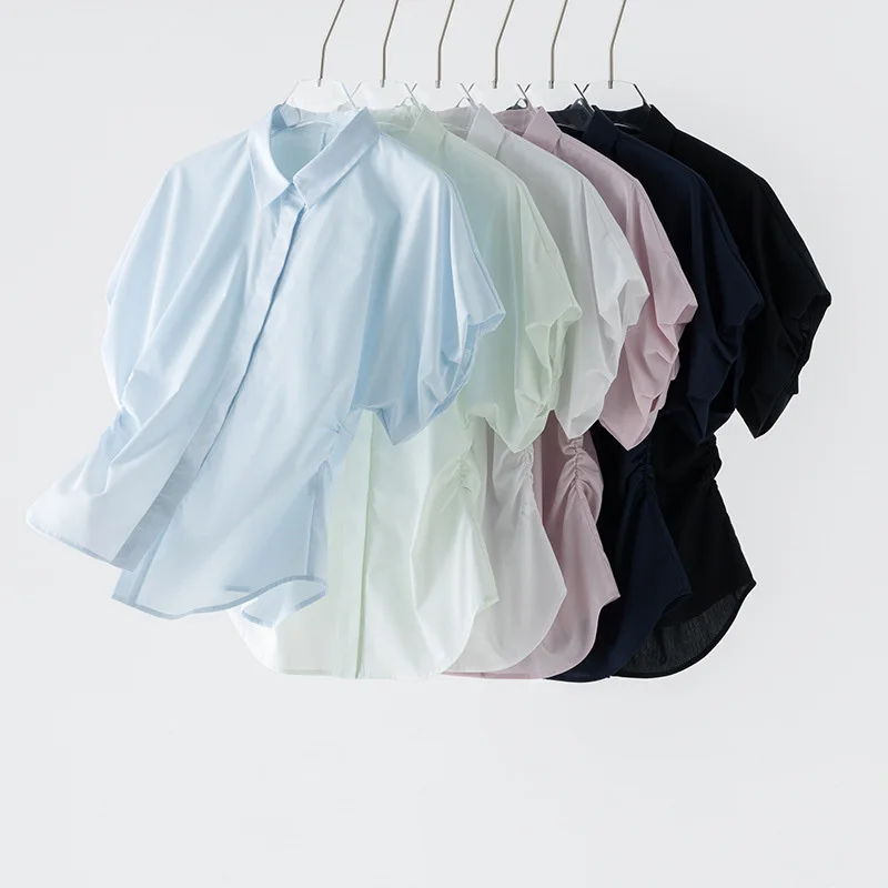 Women Bud Sleeve Pleated Waist Shirts, Spring Summer Polo Collar Single Breasted Elegant Shirt
Women Bud Sleeve Pleated Waist Shirts, Spring Summer Polo Collar Single Breasted Elegant Shirt