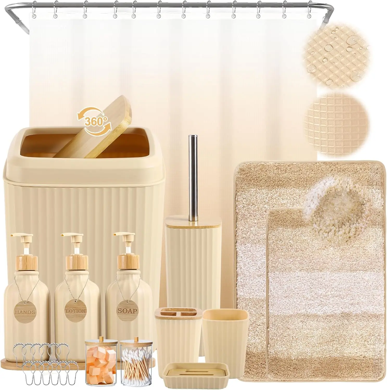 32PCS Beige Bathroom Set with Shower Curtain, Rugs, Dispenser & Black Decor
32PCS Beige Bathroom Set with Shower Curtain, Rugs, Dispenser & Black Decor