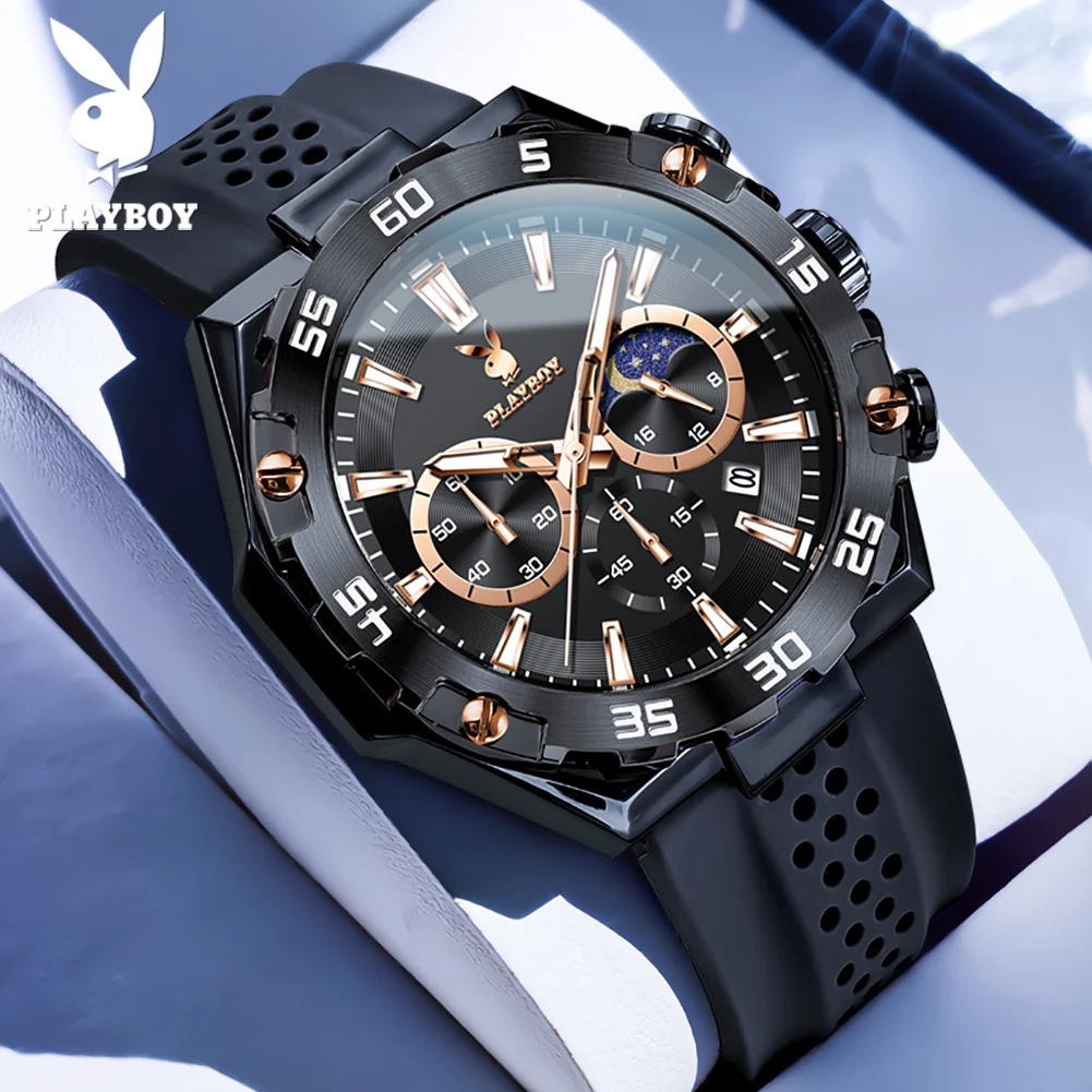 PLAYBOY 3518 Men's Watches Sports Multifunctional Quartz Watch Waterproof Luminous Moon Phase Date Wristwatch For Male Gifts Box
PLAYBOY 3518 Men's Watches Sports Multifunctional Quartz Watch Waterproof Luminous Moon Phase Date Wristwatch For Male Gifts Box