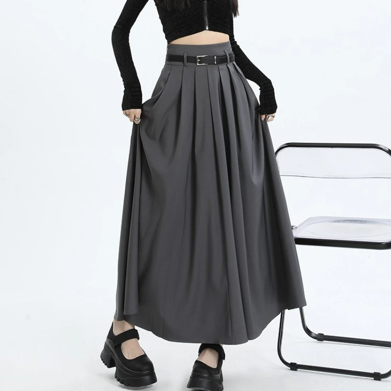 High Quality Grey Suit Long Skirt Women Elegant A Line Pleated Skirt with Belt Femlae Korean Style Slim Fit Black Skirt 2025 
High Quality Grey Suit Long Skirt Women Elegant A Line Pleated Skirt with Belt Femlae Korean Style Slim Fit Black Skirt 2025
