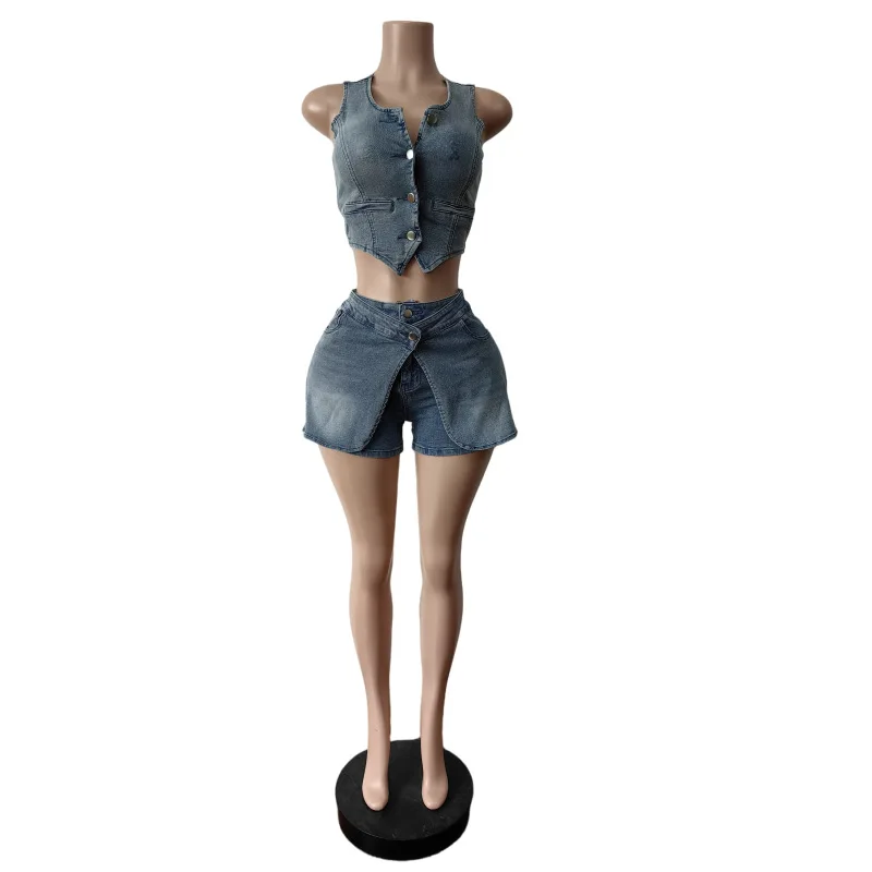 Women Shorts Set Summer Sexy Sleeveless Tight Stretch Denim Vest And Jeans Shorts Streetwear Casual 2 Piece Set Women Denim Set
Women Shorts Set Summer Sexy Sleeveless Tight Stretch Denim Vest And Jeans Shorts Streetwear Casual 2 Piece Set Women Denim Set