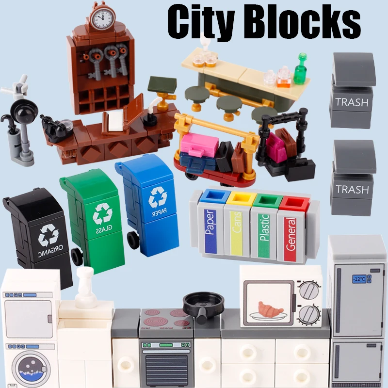 MOC City House Furniture Building Blocks Hotel Lobby Trash Can Kitchen Appliances Refrigerator Washer Oven Tool Table Bricks Toy
MOC City House Furniture Building Blocks Hotel Lobby Trash Can Kitchen Appliances Refrigerator Washer Oven Tool Table Bricks Toy
