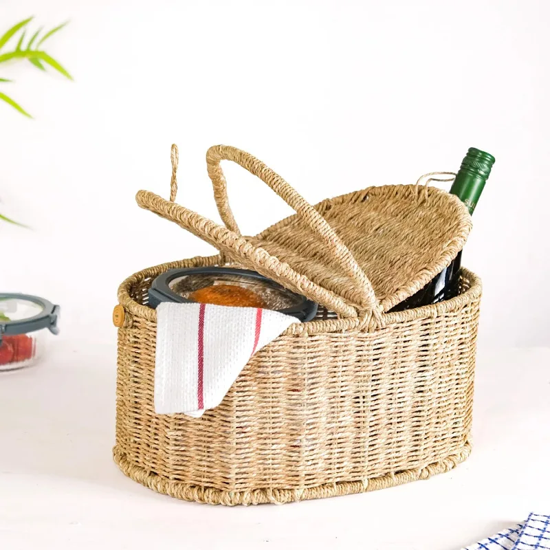 Cross-border hand-woven storage basket Nordic straw rope woven picnic baske Outdoor camping food handle sorting box
Cross-border hand-woven storage basket Nordic straw rope woven picnic baske Outdoor camping food handle sorting box