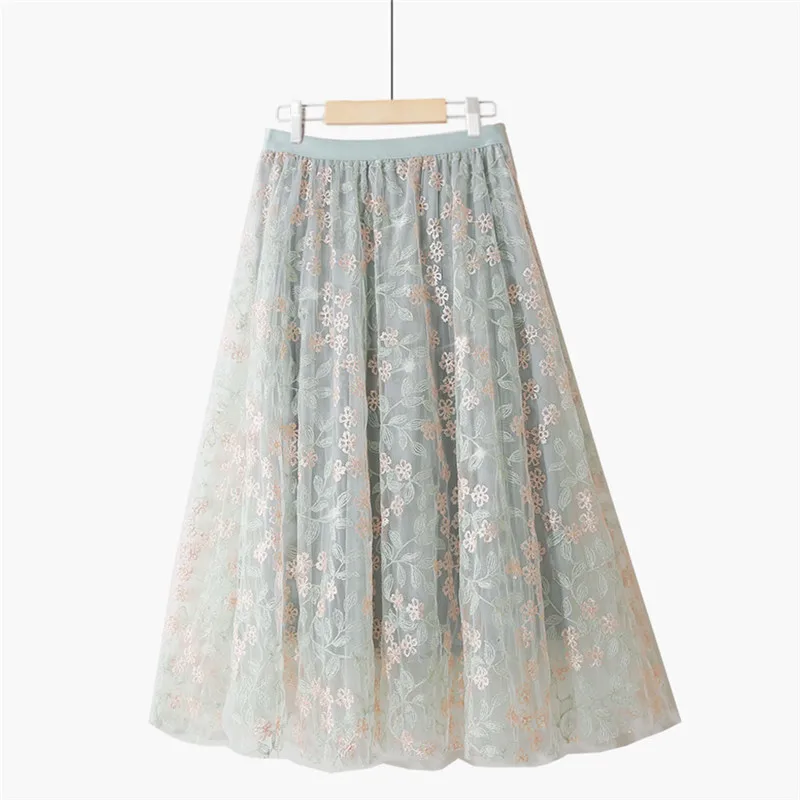 Summer New Lace Embroidery Flower Mesh Skirt Elastic High Waist Fairy Skirt Fashion Green Apricot A Line Swing Skirt Bottoming
Summer New Lace Embroidery Flower Mesh Skirt Elastic High Waist Fairy Skirt Fashion Green Apricot A Line Swing Skirt Bottoming