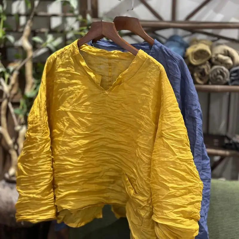 Новинка 2025, летние женские свободные повседневные топы с длинным рукавом и v-образным вырезом в стиле Arts, винтажная футболка Ramie, женские топы высокого качества 2503 
Новинка 2025, летние женские свободные повседневные топы с длинным рукавом и v-образным вырезом в стиле Arts, винтажная футболка Ramie, женские топы высокого качества 2503