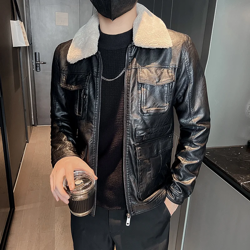 New Thick Brown Leather Jacket Mens Winter Autumn Men's Fashion Faux Fur Collar Windproof Warm Coat Men Brand Clothing
New Thick Brown Leather Jacket Mens Winter Autumn Men's Fashion Faux Fur Collar Windproof Warm Coat Men Brand Clothing