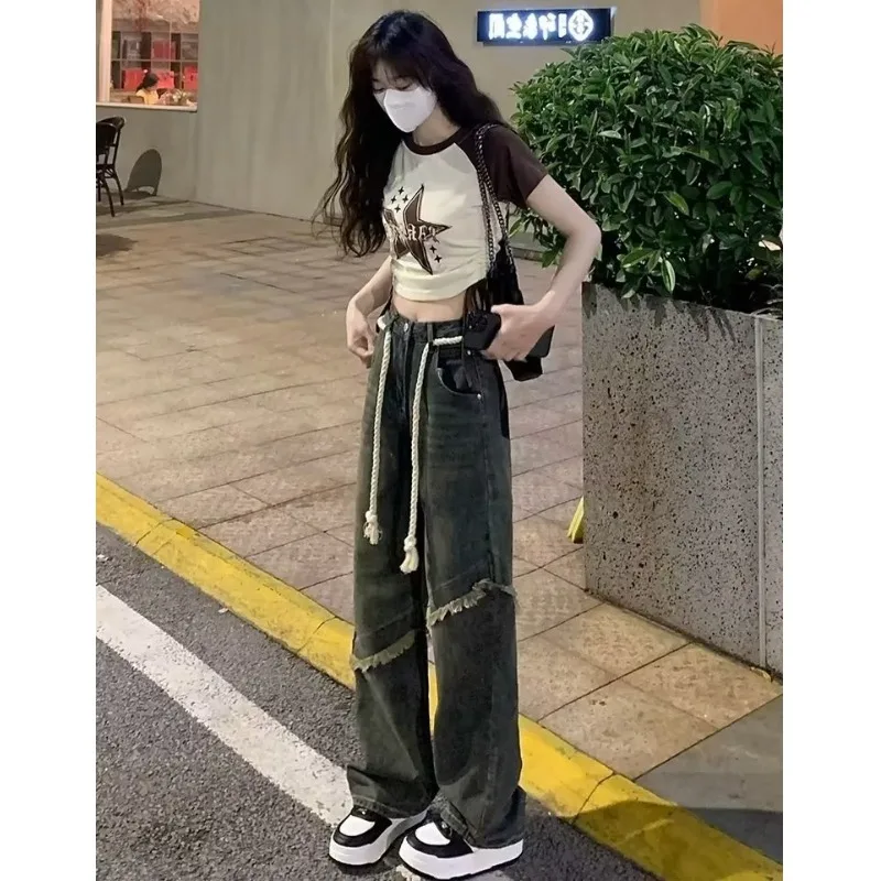 Retro American Tassel Design Washed Straight Leg Denim Jeans Women Slimming Floor Length Wide Leg Pants Summer High Waist
Retro American Tassel Design Washed Straight Leg Denim Jeans Women Slimming Floor Length Wide Leg Pants Summer High Waist