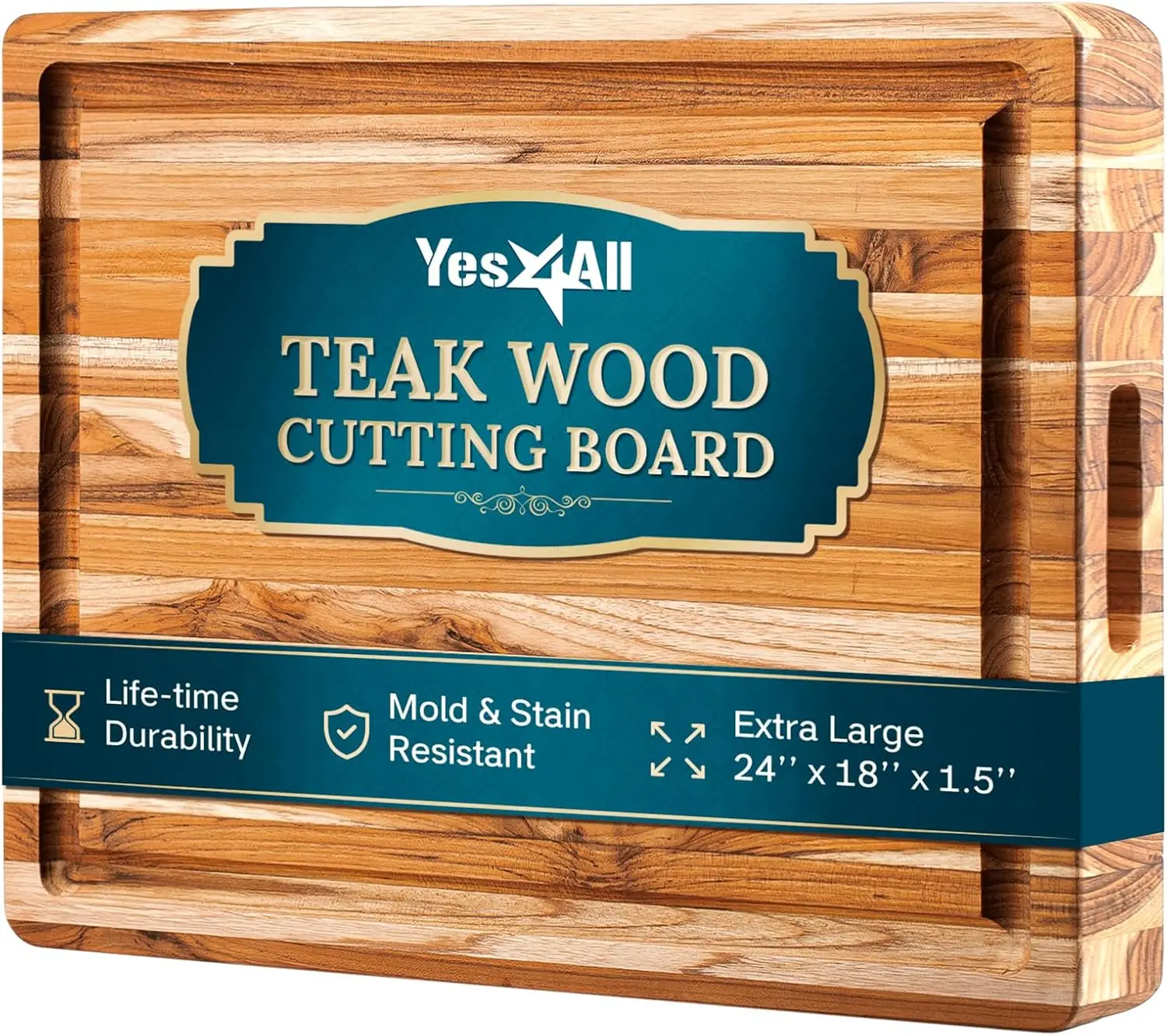 Large Teak Cutting Board with Juice Grooves, 24x18x1.5 Inches, Pre-Oiled and Easy Grip Handles for Kitchen Chopping and Serving
Large Teak Cutting Board with Juice Grooves, 24x18x1.5 Inches, Pre-Oiled and Easy Grip Handles for Kitchen Chopping and Serving