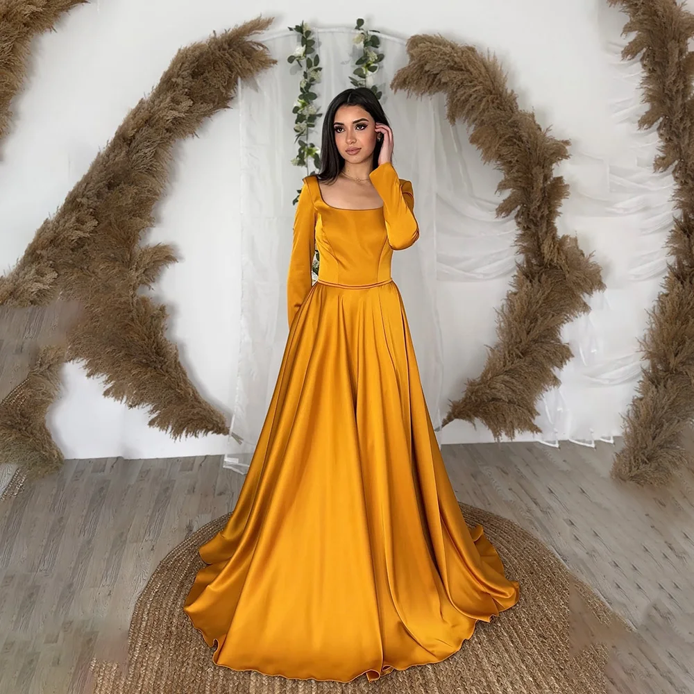 Gold Satin A Line Saudi Arabic Evening Dresses Long Sleeve Sequare Neck Dubai Prom Party Gowns Plus Size Long Women Formal Dress
Gold Satin A Line Saudi Arabic Evening Dresses Long Sleeve Sequare Neck Dubai Prom Party Gowns Plus Size Long Women Formal Dress