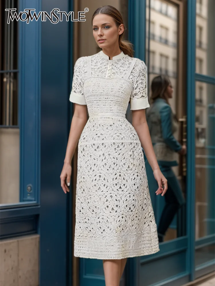 TWOTWINSTYLE Solid Hollow Out Elegant Dresses For Women Half High Collar Short Sleeve High Waist Temperament Dress Female New
TWOTWINSTYLE Solid Hollow Out Elegant Dresses For Women Half High Collar Short Sleeve High Waist Temperament Dress Female New