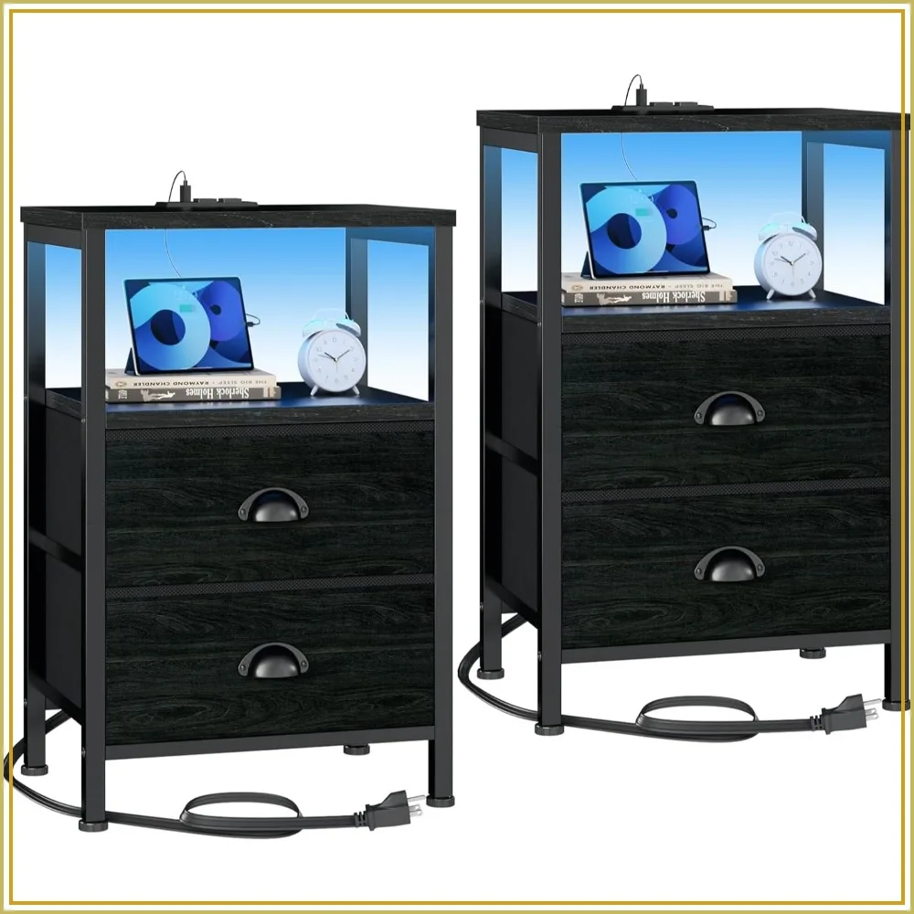 End Tables Set of 2 with Charging Station and LED Lights, 2 Fabric Drawers, Nightstands for Living Room/Bedroom, Black Oak
End Tables Set of 2 with Charging Station and LED Lights, 2 Fabric Drawers, Nightstands for Living Room/Bedroom, Black Oak