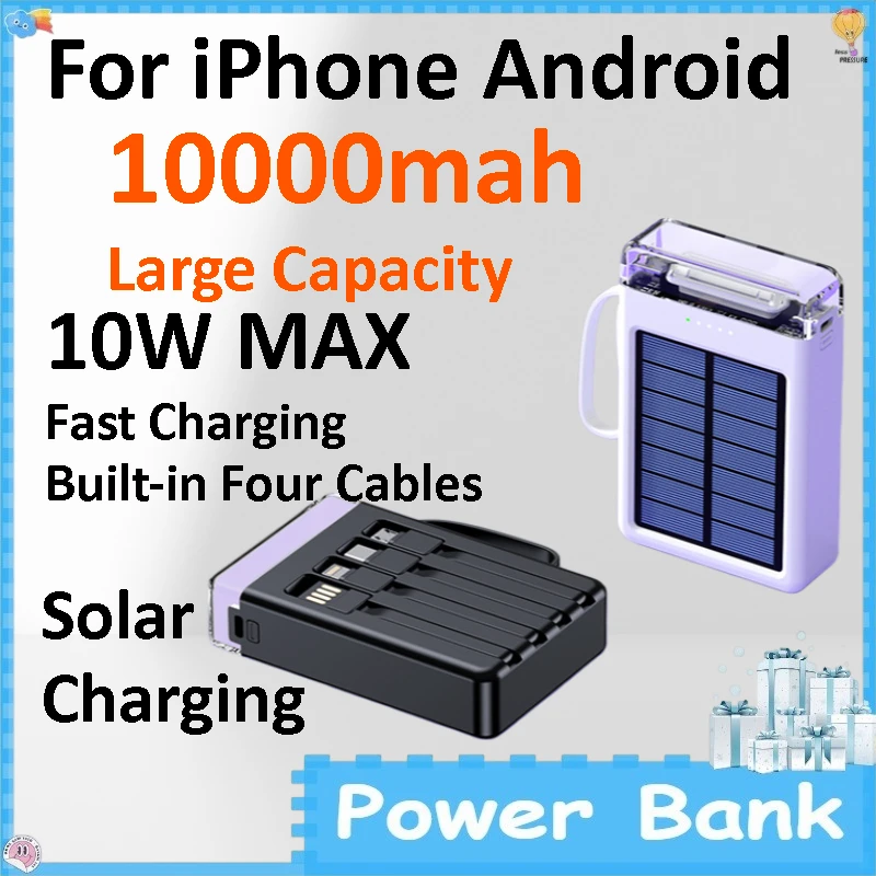10000mAh Solar Power Bank Built-in Cable Mini Portable External Battery with LED Light for IPhone Android
10000mAh Solar Power Bank Built-in Cable Mini Portable External Battery with LED Light for IPhone Android