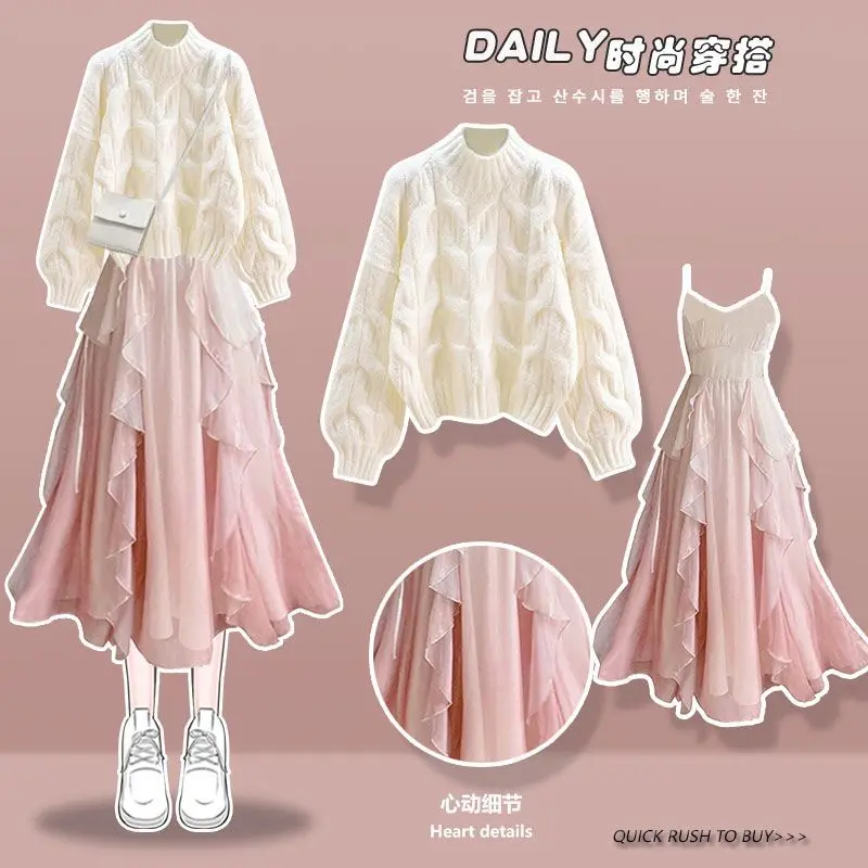 Autumn Winter Wear Women's New Style Half High Collar White Loose Sweater + Pink Sling Dress Two-Piece Set Fashionable Matching
Autumn Winter Wear Women's New Style Half High Collar White Loose Sweater + Pink Sling Dress Two-Piece Set Fashionable Matching