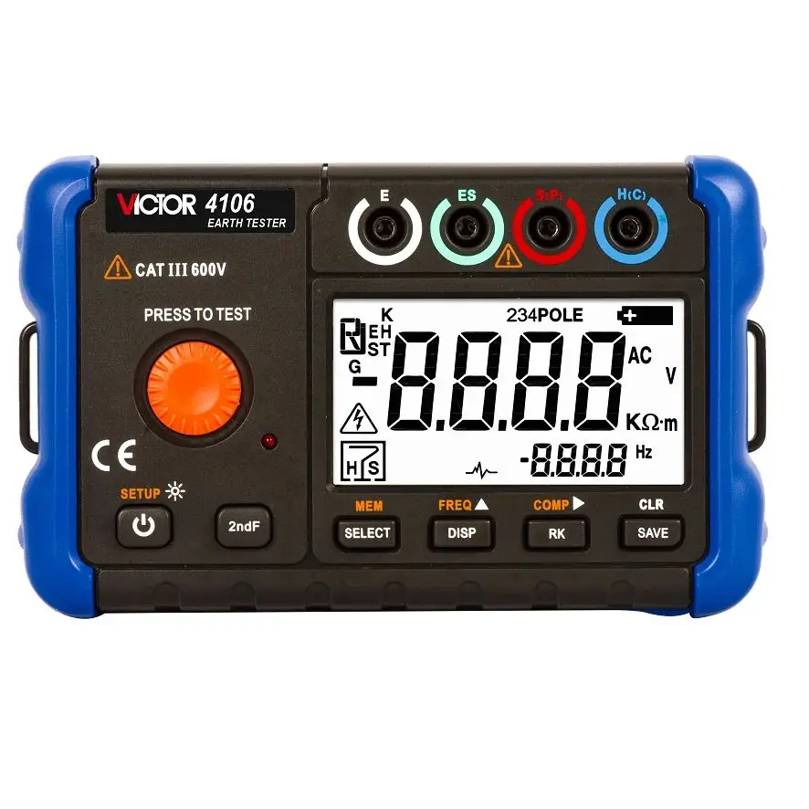 VICTOR 4106 Earth Resistance Tester 2 Pole /3poles /4 Poles Method Voltage 20V 20mA Earth Soil Resistivity Measurement
VICTOR 4106 Earth Resistance Tester 2 Pole /3poles /4 Poles Method Voltage 20V 20mA Earth Soil Resistivity Measurement