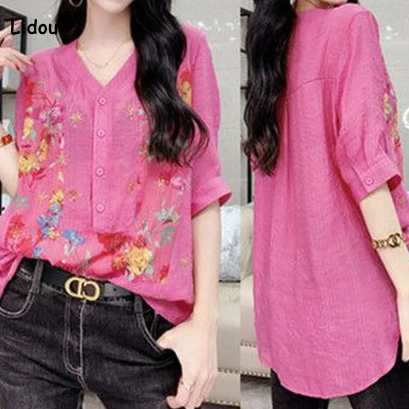 Loose Elegant Women's Printed Half Sleeve Blouse Korean Casual V-Neck Button Spliced Temperament Shirt Summer Female Clothing
Loose Elegant Women's Printed Half Sleeve Blouse Korean Casual V-Neck Button Spliced Temperament Shirt Summer Female Clothing