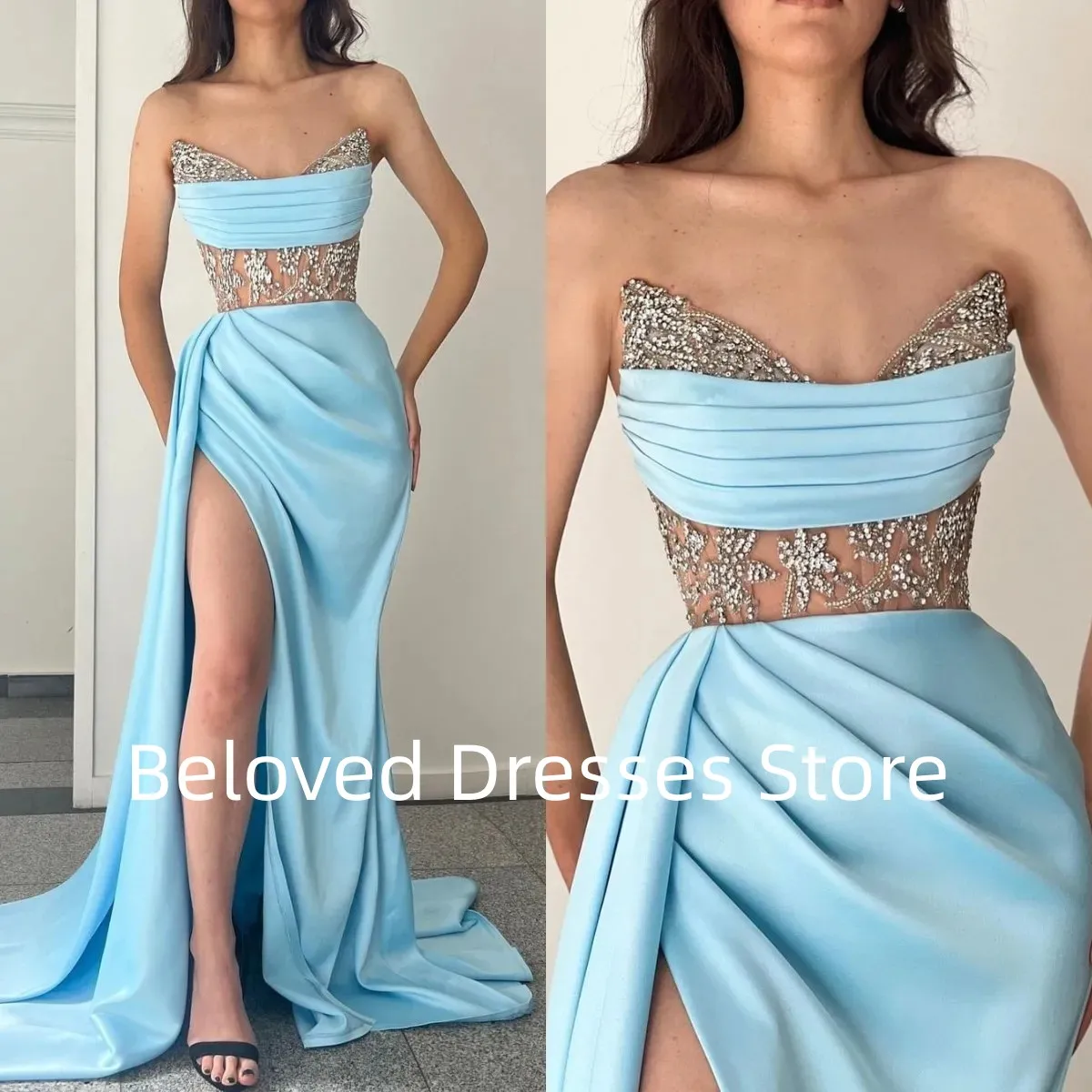 New blue temperament slim fit V-neck sexy mermaid ball dress sequin beaded evening dress sweep skirt hem side split formal dress
New blue temperament slim fit V-neck sexy mermaid ball dress sequin beaded evening dress sweep skirt hem side split formal dress