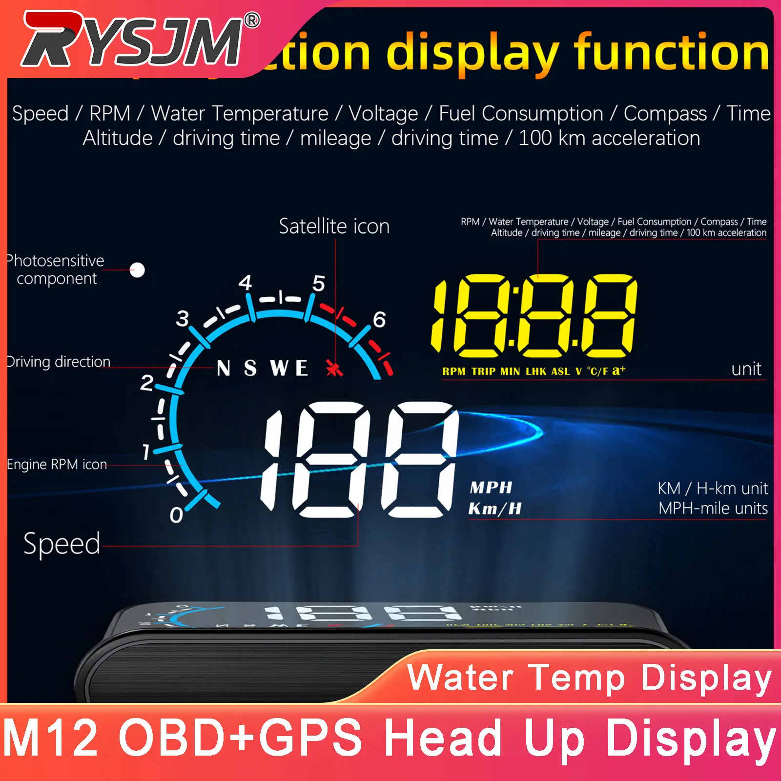 M12 OBD2 + GPS HUD Head Up Display Car Speedometer With Altitude Compass Projection Fuel Consumption Water Temp Voltage Gauge
M12 OBD2 + GPS HUD Head Up Display Car Speedometer With Altitude Compass Projection Fuel Consumption Water Temp Voltage Gauge