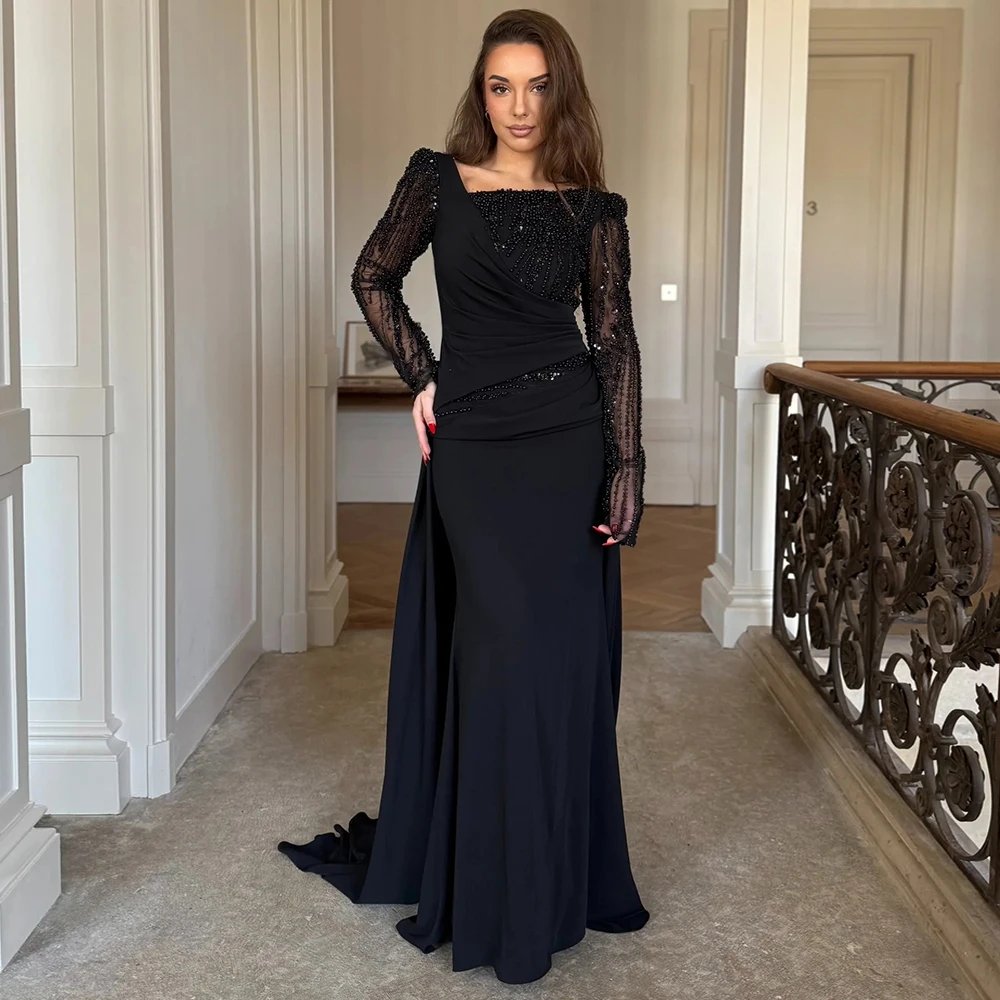 Exquisite Black Beading Mermaid Evening Dresses Customized Long Sleeves Pleats Square Collar Saudi Formal Occasion Prom Gowns
Exquisite Black Beading Mermaid Evening Dresses Customized Long Sleeves Pleats Square Collar Saudi Formal Occasion Prom Gowns