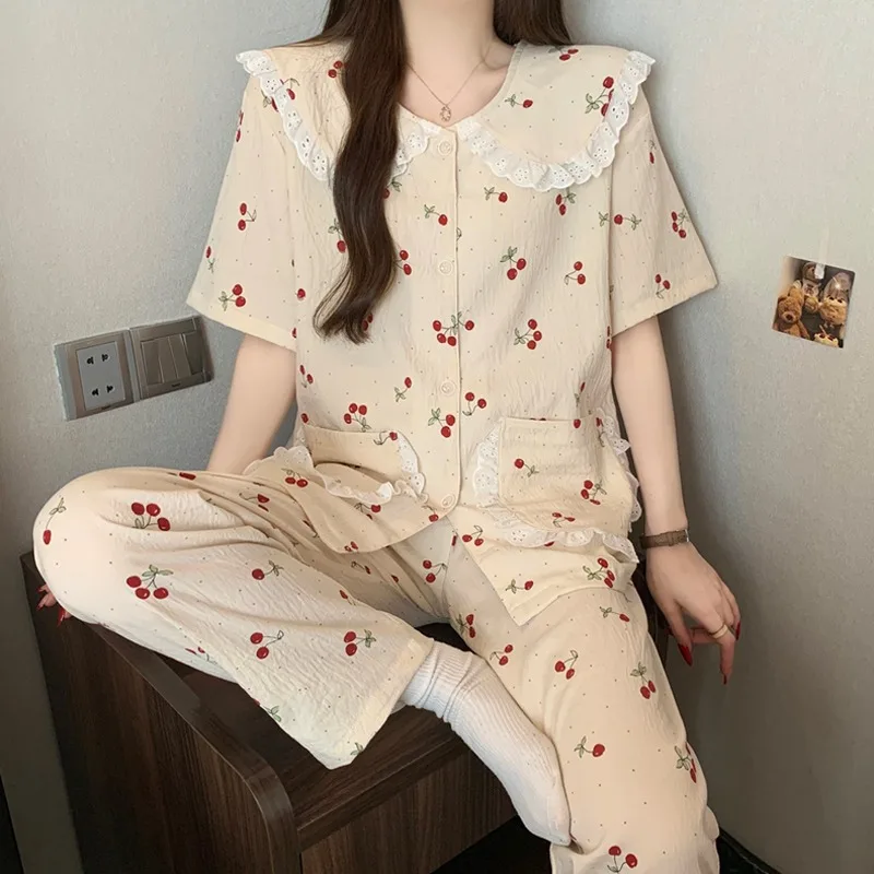 Cherry Print Women's 2 Pieces Pajamas Set for Summer Casual Short Sleeve Loungewear Homewear Korean Fashion Sweet Cute Pajamas
Cherry Print Women's 2 Pieces Pajamas Set for Summer Casual Short Sleeve Loungewear Homewear Korean Fashion Sweet Cute Pajamas