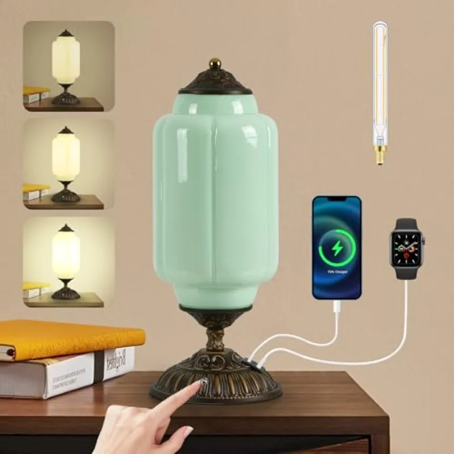 Vintage Milk Glass Table Lamp - 3 Way Dimmable Touch Control - Green Living room End Table Lamps with USB C+A Charging Ports -
Vintage Milk Glass Table Lamp - 3 Way Dimmable Touch Control - Green Living room End Table Lamps with USB C+A Charging Ports -