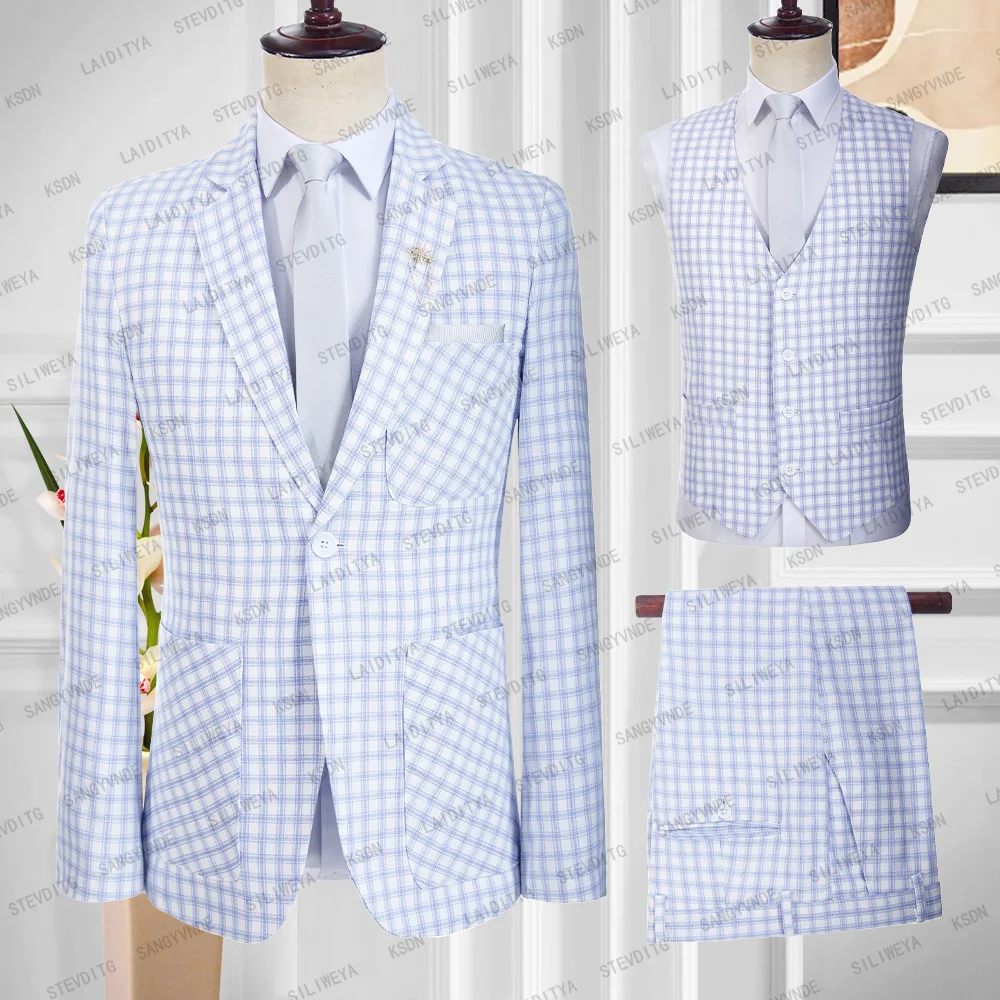 2023 New Men Summer Suits Casual Light Blue White Classic Plaid Linen Wedding Male Fashion Slim Fit 3 Pcs Set Jacket Vest Pants
2023 New Men Summer Suits Casual Light Blue White Classic Plaid Linen Wedding Male Fashion Slim Fit 3 Pcs Set Jacket Vest Pants