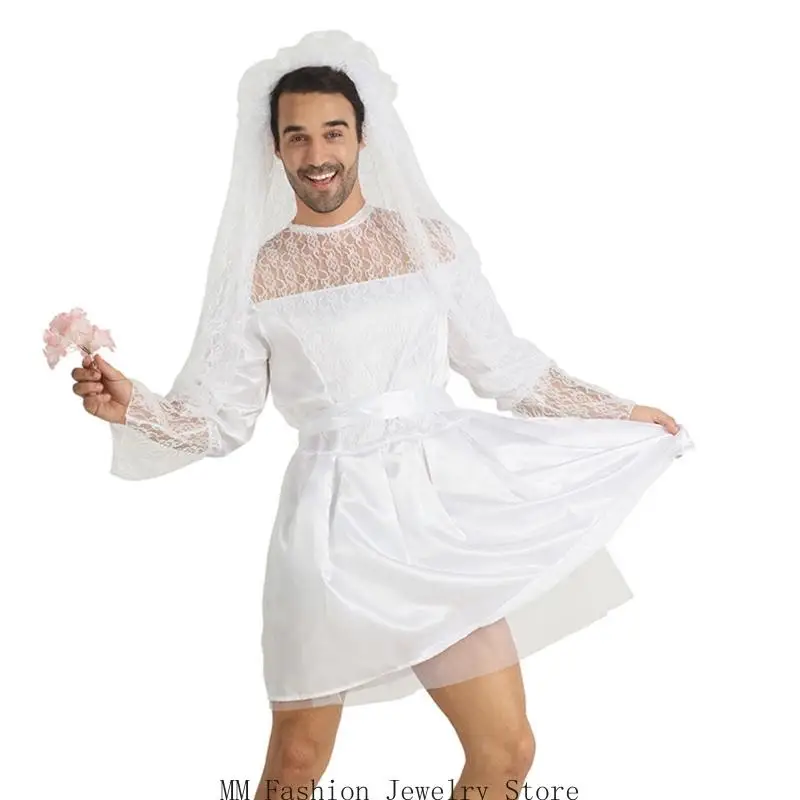 Mens Bride Drag Queens Groom Costume Funny Comedy Costume Outfits Bridal Veil White Wedding Dress with Belt for Man
Mens Bride Drag Queens Groom Costume Funny Comedy Costume Outfits Bridal Veil White Wedding Dress with Belt for Man