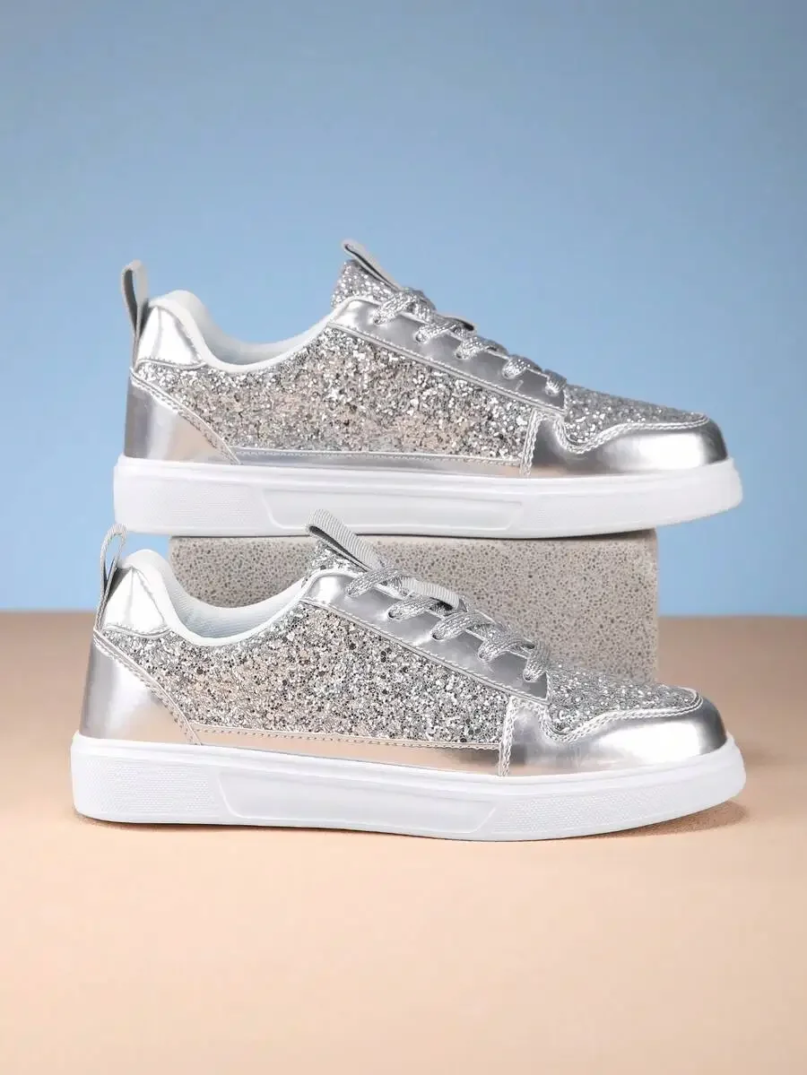 Silver Glitter Lace-Up Casual Sneakers For Women, Breathable Comfortable Flat Shoes
Silver Glitter Lace-Up Casual Sneakers For Women, Breathable Comfortable Flat Shoes