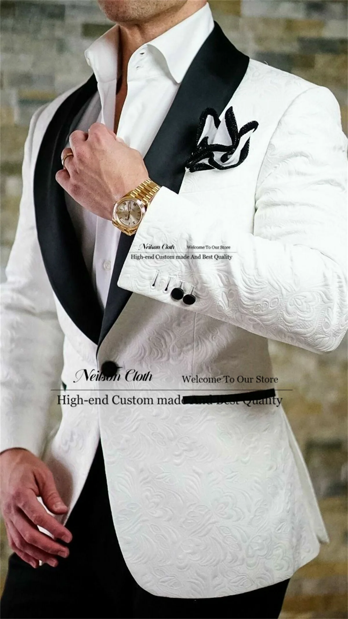 White Jacquard Male Prom Blazers 2 Pcs Sets Shawl Lapel Groom Wedding Tuxedos Customized Slim Fit One Button Costume Homme
White Jacquard Male Prom Blazers 2 Pcs Sets Shawl Lapel Groom Wedding Tuxedos Customized Slim Fit One Button Costume Homme