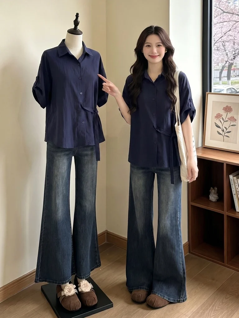 Slim Fit Short Sleeve Shirt Women's Blue Summer New Style Korean Version Commute Style Regular Thickness Waist Cinching
Slim Fit Short Sleeve Shirt Women's Blue Summer New Style Korean Version Commute Style Regular Thickness Waist Cinching