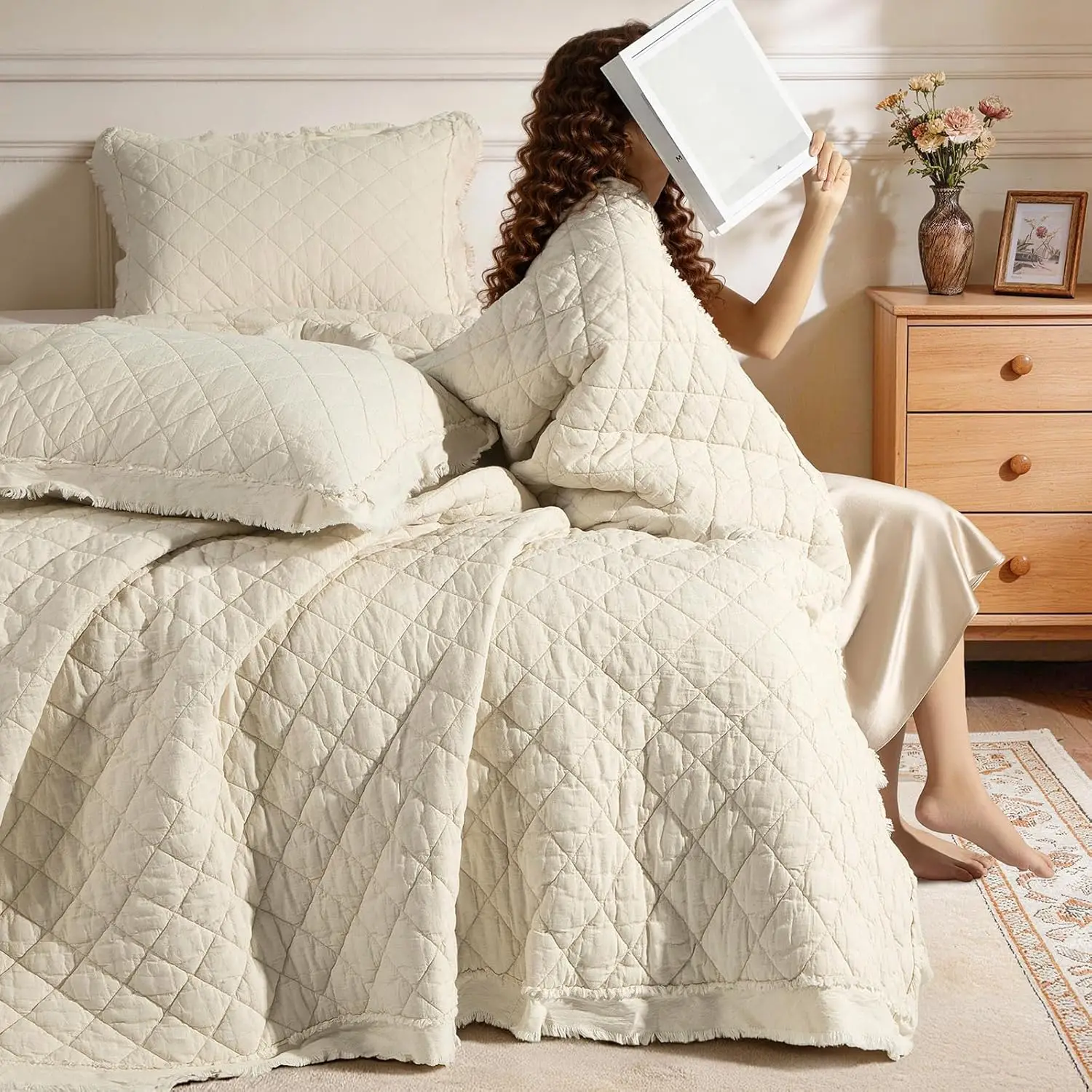 French Flax Linen Quilt Set King, Pre-Washed Diamond Stitch Coverlet, Lightweight Breathable Bedding for Hot Sleepers, 3 Piece
French Flax Linen Quilt Set King, Pre-Washed Diamond Stitch Coverlet, Lightweight Breathable Bedding for Hot Sleepers, 3 Piece