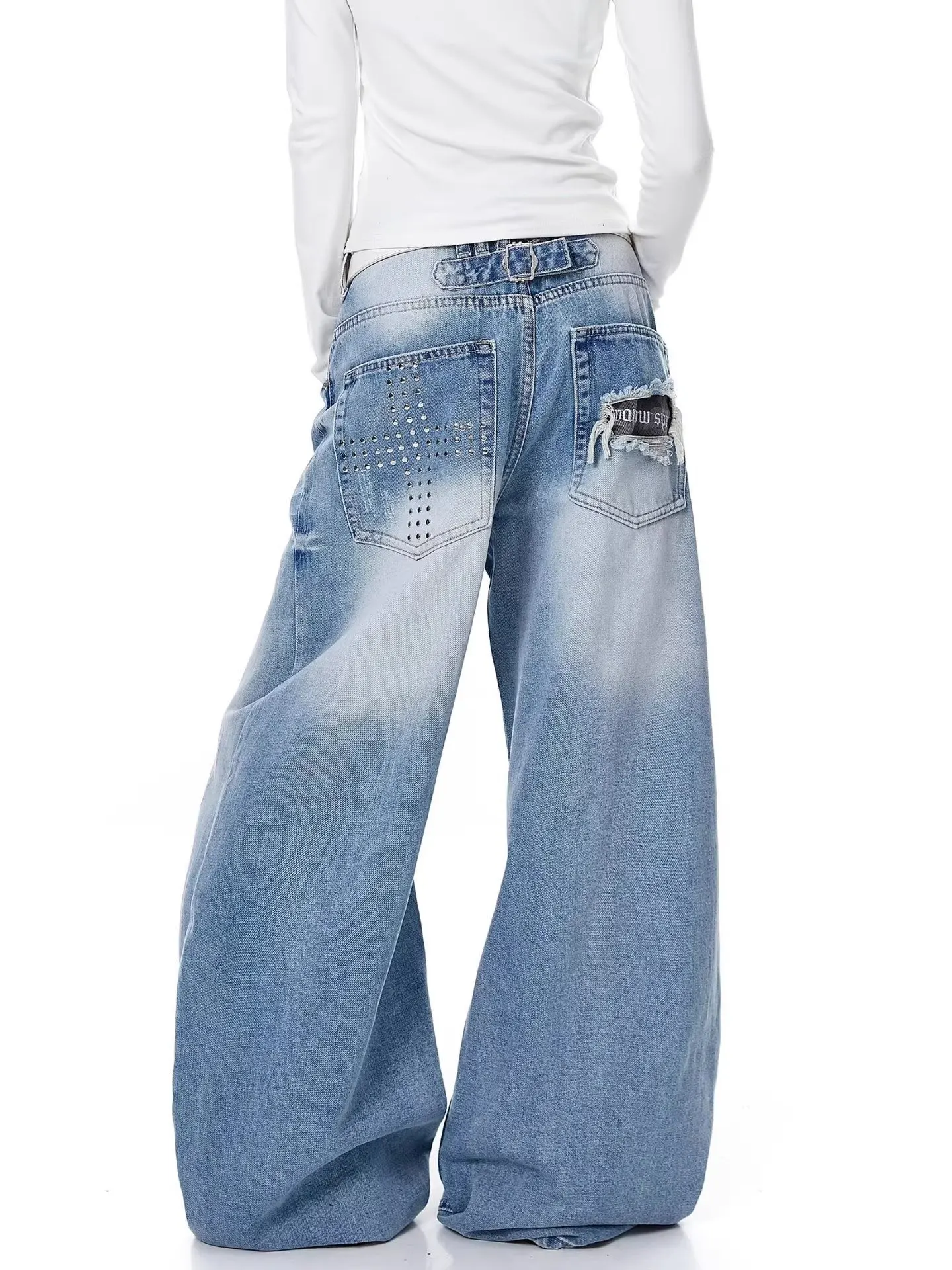 American Washed Cross Rivet Jeans Women Summer Loose Hole Wide Leg Knife Pants High Waist Asymmetric PU Cotton Casual
American Washed Cross Rivet Jeans Women Summer Loose Hole Wide Leg Knife Pants High Waist Asymmetric PU Cotton Casual