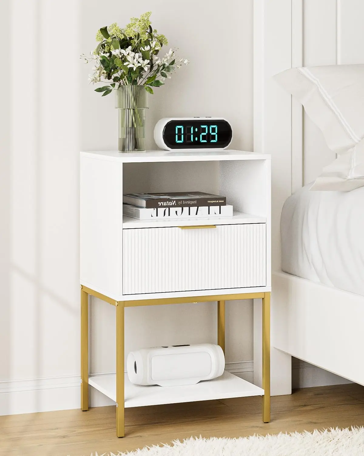 Nightstand, Modern Bedside Table with Gold Frame, 25.51''H End Table,White Night Stand,3-Tier Storage Side Table for Bedroom,
Nightstand, Modern Bedside Table with Gold Frame, 25.51''H End Table,White Night Stand,3-Tier Storage Side Table for Bedroom,